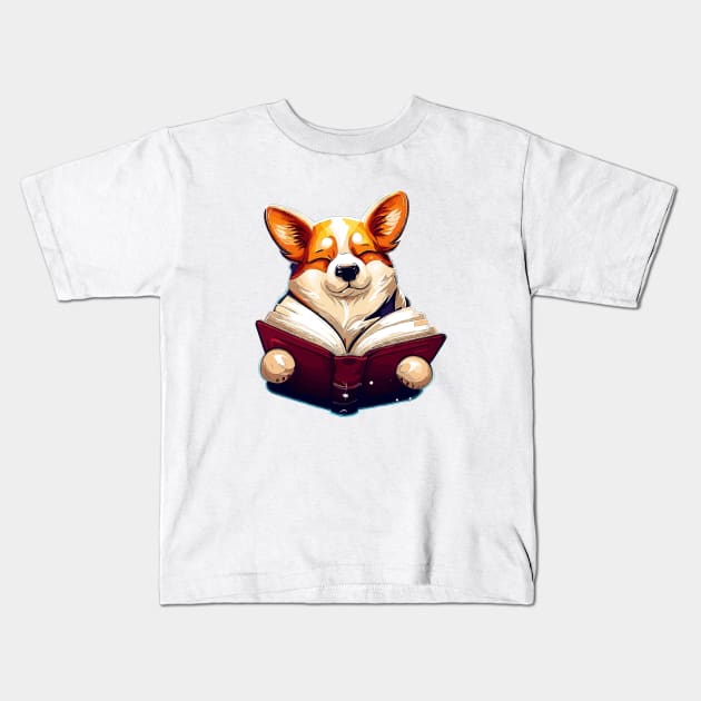 Corgi reading book Kids T-Shirt by TomFrontierArt